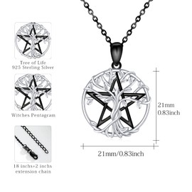 Pentagram Necklace 925 Sterling Silver Witch Tree of Life Chain Pentagram Magic Amulet Pendant Mother's Day Jewellery Christmas Graduation Gifts for Women, Sterling Silver, Moonstone