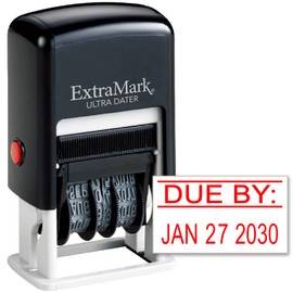 ExtraMark Ultra Dater Self-Inking Rubber Date Office Stamp with Due by: Phrase & Date - Style 3, Red Ink, 12-Year Band