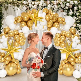 151Pcs White and Gold Balloons Garland Arch Kit with Explosion Star Foil Balloons for Wedding Engagements Birthday New Year Eve Bridal Shower Baby Shower Anniversary Graduation Decorations