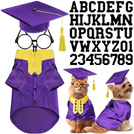 Huhumy 5 Pcs Dog Graduation Costume Set Include 2025 Pet Graduation Gown with Stole Puppy Grad Cap Lensless Glasses DIY Letter Stickers for Dogs Cats Holiday Costume Accessory(Purple Yellow,S)