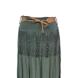 Kiran Fashion New Italian Boho Long Maxi Summer Belted Skirt Lace Gypsy Beach Holiday (UK, Alpha, One Size, Regular, Regular, Khaki)