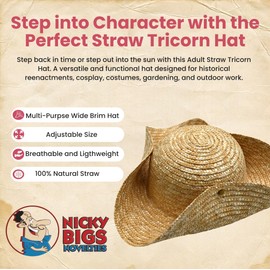 Nicky Bigs Novelties Adult Straw Tricorn Hat Adjustable Colonial, Pirate, & Southern Wide-Brim Hat for Men & Women Gardening, Outdoor Work, Historical Reenactment, Cosplay, & Costume Accessory
