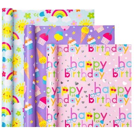 WRAPAHOLIC Girls Birthday Wrapping Paper Roll - 3 Short Rolls - 17 inch x 120 inch Per roll - Fantacy Pink and Purple Happy Birthday Wrapping Paper for Kids Girls Birthday, Baby Shower