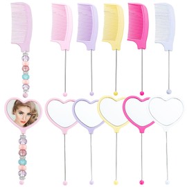 Frinnovan 5 Pack Beadable Combs DIY with 5 Pack Beadable Handheld Heart Mirrors Set Plastic Wide Tooth Hand Handle for Crafts Portable Cute Travel Makeup Mirror, Colorful