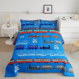 Feelyou Cartoon Car Comforter Set for Kids Boys Girls Vintage Car Comforter Train Bedding Set Bedroom Decor Retro Steam Train Blue Light Sign Duvet Set Full Size Quilt Set 2Pcs
