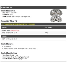 Front and Rear Brake Rotor - Set of 4-5 Lug - Compatible with 2007-2016 Honda CR-V AWD