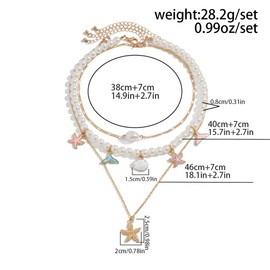 OAOSIOH Layered Gold Starfish Conch Shell Pearl Necklace for Women, Boho Beaded Seashell Choker Necklace Beach Hawaii Holiday Mermaid Accessories Jewelry Set (Pink-Gold)