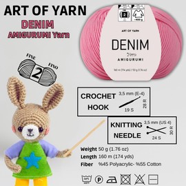 Art of Yarn Denim 55% Cotton, 45% Poliacrylic, 50g(1.76 Oz), 160m(174 Yds) Soft & Smooth Yarn Sport – Fine(2) for Crocheting, Knitting, Amigurumi, Baby Blankets, Baby Garments & More –1 Skein 99920