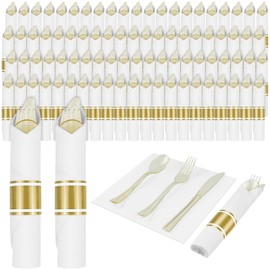 100 Pack Pre Rolled Gold Plastic Silverware Set, Heavy Duty Disposable Plastic Cutlery with 100 Forks, Knives, Spoons and Napkins, Glitter Cutlery Set for Parties, Weddings, Events (100 Guests)