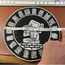 Unbranded Large Mayan Calendar Back Patch, 9.5in. Silver on Black Iron on patches,  (#28)
