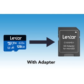 Lexar 633x 128GB Micro SD Card, microSDXC UHS-I Card + SD Adapter, microSD Memory Card up to 100MB/s Read, A1, Class 10, U3, V30, TF Card for Smartphones/Tablets/IP Cameras (LMS0633128G-BNAAA)