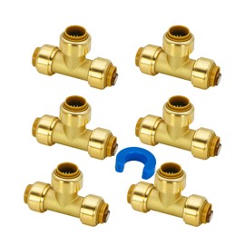 Z LTP21301 1/2 inch Push Fit Tee Fittings, No Lead Brass Push to Connect Plumbing Fittings for PEX, Copper, CPVC - Easy DIY Installation, Pack of 6 with Disconnect Tool