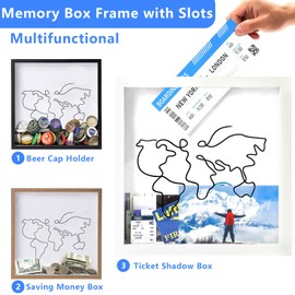 Jastown Adventure Archive Box,Large Size 8Inch wood Travel Memory Box with World Map Design,Ticket Shadow Box with Slot,Wooden Creative Keepsake Box,Wood Frame Travel Ticket Box (20 * 20cm)
