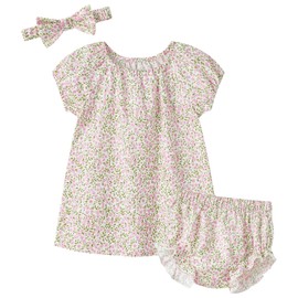 pureborn Baby Girls Woven Dress Cotton Short Sleeve Casual Dress with Headband and Bloomer Floral Pink 12-18 Months