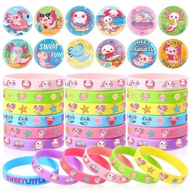 Giegxin 60 Pcs Axolotl Party Favors Cartoon Axolotl Birthday Decorations Include 30 Button Pins 30 Silicone Bracelets Wristbands for Reptile Animals Amphibian Salamander Baby Shower Gifts Supplies