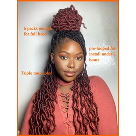 Goddess Faux locs Crochet Hair 24 Inch Ombre Burgundy Gypsy Locs Crochet Hair 3 Tone Red Dreadlocks Curly Wavy Pre Looped Soft lock Hair Extensions, 6 Packs 1B/99J/530