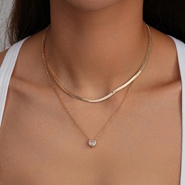 Jewlpire Gold Layered Necklaces for Women, 14K Plated Gold Choker Necklace for Women Trendy Dainty Gold Herringbone Necklace CZ Heart Necklace for Women