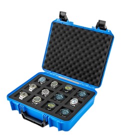 Gdrasuya10 Plastic Watch Box Portable 12-Slot Watch Carry Case with Handles Protective Hard Case Modern Watch Storage Organizer for Men Women Travel Home Watches Display (Blue)