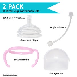 Straw Transition Cup Kit for Comotomo Baby Bottles | Conversion Kit Fits 5 Ounce and 8 Ounce Bottles | Soft, Silicone Straw Top Bottle Nipple & Weighted Straw to Help Baby Transition | 2 Pack (Pink)