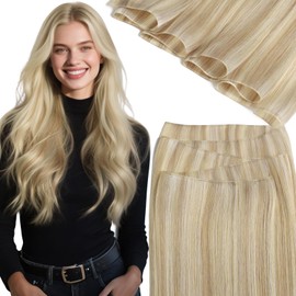 Lacer Genius Weft Hair Extensions Human Hair 22 inch One Piece Genius Weft Hair Extensions Light Brown with Platinum Blonde Invisible Sew in Extensions Human Hair 60g