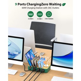 VisionSync Bamboo USB-C Charging Station for Multiple Devices,60W 6 Port Charing Dock with 3 AC Outlets, 3 USB C, 3 USB A,6.6ft Power Cord for lPhone,lPad,Tablets (6 Mixed Cables Included),Green