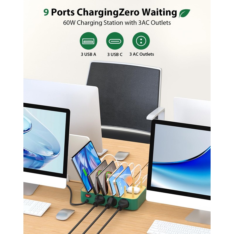 VisionSync Bamboo USB-C Charging Station for Multiple Devices,60W 6 Port