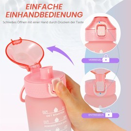 SUPPRUI Children's Water Bottle, Leak-Proof Water Bottle, 600 ml, Water Bottle with Time Markings, School and Sports Bottle, Tritan Water Bottle, BPA-Free with 1-Click Closure