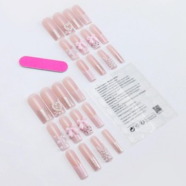 Square Press on Nails Long Fake Nails with Heart Bow Pearl Charms Designs White French Tip Nail Press ons Glossy Glue on Nails Cute Acrylic Nails Glitter Stick on Nails for Women 24Pcs