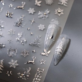 JMEOWIO 3D Embossed Christmas Snowflake Nail Art Stickers Decals Self-Adhesive 5D Nail Supplies Holiday Nail Art Design Decoration Accessories 1 Sheets