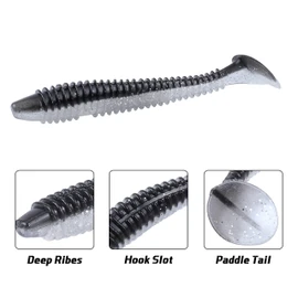 RUNCL ProBite Paddle Tail Swimbaits Black Silver, Soft Fishing Lures - Natural Oils, Ribbed Design, Paddle Tail, Hook Slot, Proven Colors - Bass Fishing Lures Baits 02 (4in, Pack of 20)
