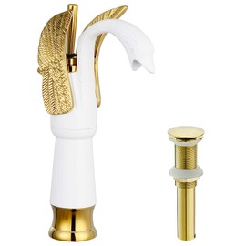 BWE Swan Faucet Single Handle Single Hole Withe with Gold Matching Pop Up Drain Without Overflow Stopper and Supply Line Vessel Sink Faucet Lavatory Basin Vanity Mixer Tap