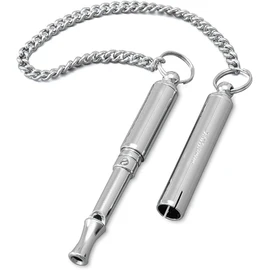 ACME original 'silent' dog training whistle no. 535. Adjustable frequency. Instruction leaflet included. Made in the UK. Good sound quality. Weather-proof. Solid brass with nickel plated finish