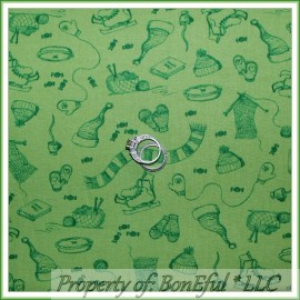 Signature BonEful Fabric FQ Cotton Quilt Green Xmas Ice Skate Knit Hat Gloves Scarf Basket