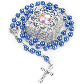 FLAFARY 8mm Rosary Beads Necklace, Rosary Beads Catholic for Men and Women Comes in a Metal Gift Box, First Communion Rosary Necklace as Gifts(Darkblue)