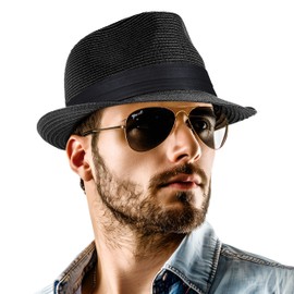 Straw Fedora Hat for Women Men Packable Short Brim Roll Up Trilby Hat Panama Summer Beach Sun Hat UPF 50+, Black, One Size