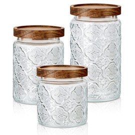 Gerrii 3 Pcs Glass Food Storage Containers 17/24/34 oz Vintage Glass Jar with Lid Begonia Pattern Glass Airtight Candy Jar Food Jars Canisters for Kitchen Counter Pantry Coffee Tea Beans (Round)
