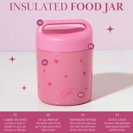Paris Hilton Stainless Steel Food Jar, Double Wall Vacuum Sealed Insulated Food Storage Container with Carry Handle Lid, 12-Ounce, Pink with Heart Design