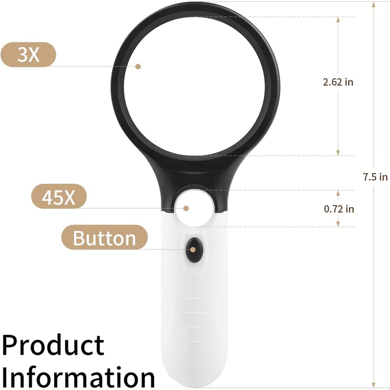 Handheld LED Magnifying Glass with Dual Lenses for Reading, Coins