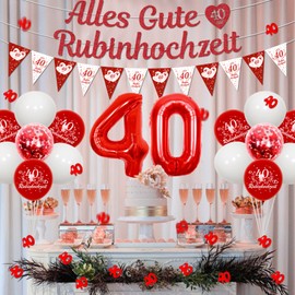 Cheereveal Ruby Wedding Decoration, Happy 40th Ruby Wedding Banner, Red Number 40 Foil Balloons, Pennant Flag, Table 40 Confetti, 40th Wedding Anniversary Party Supplies Decoration for Couple Parents