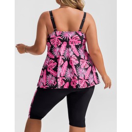 Hanna Nikole Women's Plus Size U Neck Tankini Push Up Swimwear Casual Beach Dress Red Tropical Leaves 20