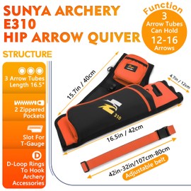 SUNYA Archery Hip Quiver for Arrows. Includes 3 Tubes Arrow Holder, Accessories Pockets and Waist Belt. Fit for Compound and Recurve Bow Practice. (Orange)