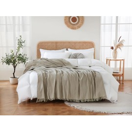 Coastline 100% Cotton Waffle Weave Blanket Throw with Fringe,Pre-Washed Soft Cozy,Lightweight Breathable Blanket Throw for Couch Bed Sofa（Natural,150x200cm）