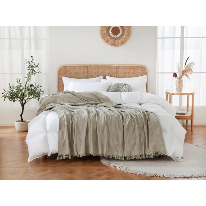 Coastline 100% Cotton Waffle Weave Blanket Throw with Fringe,Pre-Washed Soft