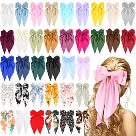 Mimorou 36 Pcs Big Hair Bows for Women Girls Silky Satin Hair Bows Bulk Oversized Long Tail Black White Hair Bow Large Hair Ribbons Hair Clips Barrettes Large Metal Clips Bowknot Hair Accessories Gift