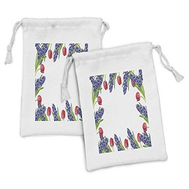 Ambesonne Tulip Fabric Pouch Set of 2, Vibrant Flourish Rising up Cup Shaped Tulips Setting Early Summer Plants Print, Small Drawstring Bag for Toiletries Masks and Favors, 9" x 6", Red Purple Green