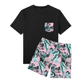 LecGee Men Sets Outfits 2 Piece Round Neck Palm Print T Shirt and Hawaiian Shorts Travel Outfit