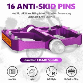LYCAON Bicycle Pedals - Road Bike/Mountain Bike MTB Pedals, 3 Bearings CNC Aluminium Alloy Non-Slip CR-MO Spindle Bicycle Pedal, 9/16 Inch Pedals BMX Road Bike, Non-Slip Flat Pedals (Purple)