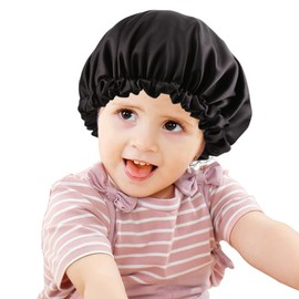greatremy Gorro de dormir de satén para niños, doble capa, suave y elástico, capó de pelo natural de satén con cordón ajustable para niñas y niños pequeños que duermen (reversible negro)