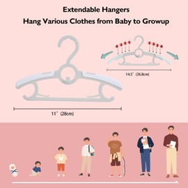 MangoKit Baby Nursery Closet Hangers,20 Pack Kids Hangers for Baby Toddler Children Kids Teen, Extendable & Stackable & Non-Slip Baby Pants Hanger, 11-14.5" Adjustable Child Hangers(Grey)