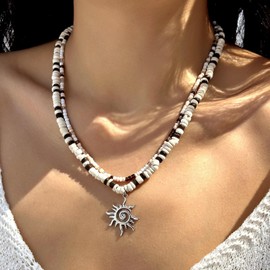 DATOA Puka Shell Beads Sun Pendant Choker Necklace Surfer Wooden Beaded Coconut Shell Beach Jewelry Hawaiian Summer Accessory for Women Men - Silver